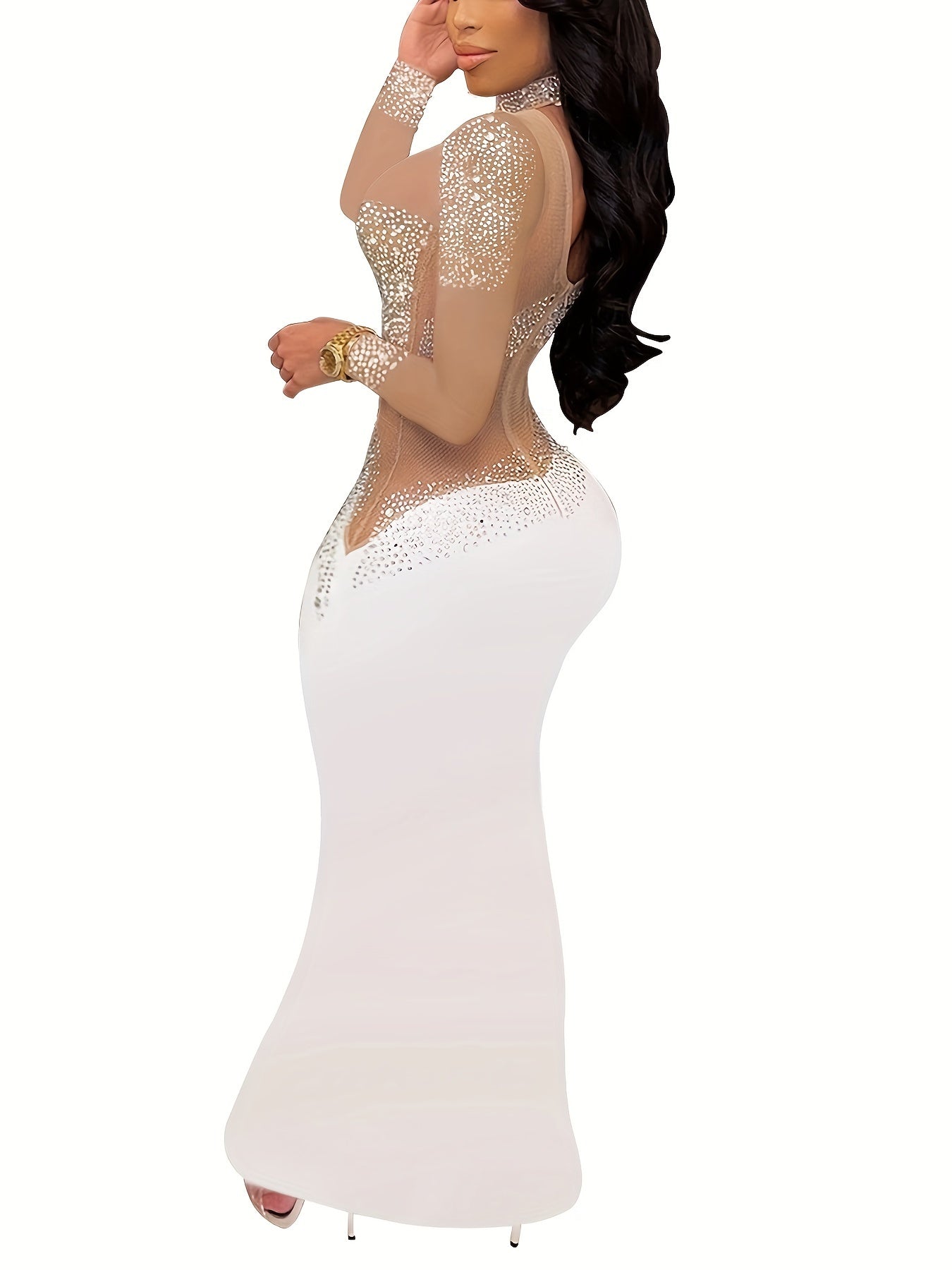 Women'S Elegant Long Sleeve Mermaid Gown - Polyester & Knit Fabric, Round Neck, Solid Color, Regular Sleeve, Long Length, Rhinestone Detail, Fish Tail Hem - Perfect for Spring/Autumn - Suitable for Formal Occasions - Ideal Gi